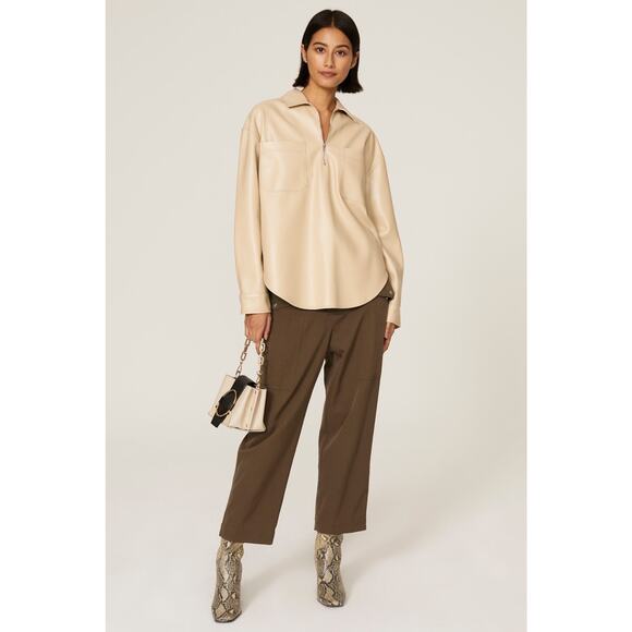 Saylor Remi Beige Faux Leather Long Sleeve Quarter Zip Collared Top Size Large - Picture 1 of 13